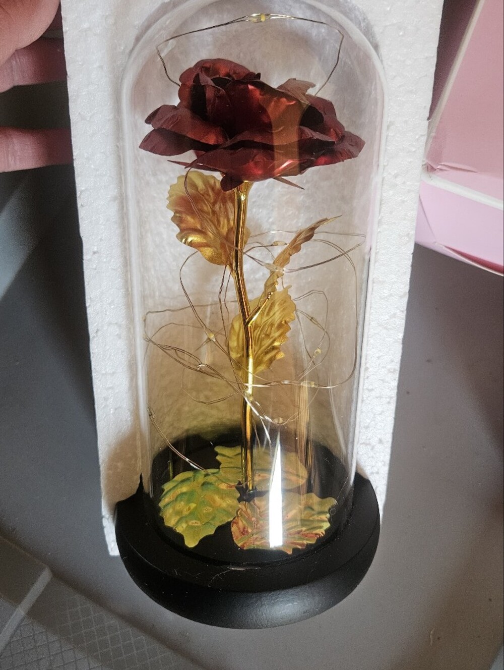 Elegant Red and Gold Artificial Rose Accent with Dome And String Lights